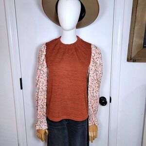 THML Rust Knit Floral Sleeve Top Size Small Cottagecore Fall Boho Prairie Blouse
